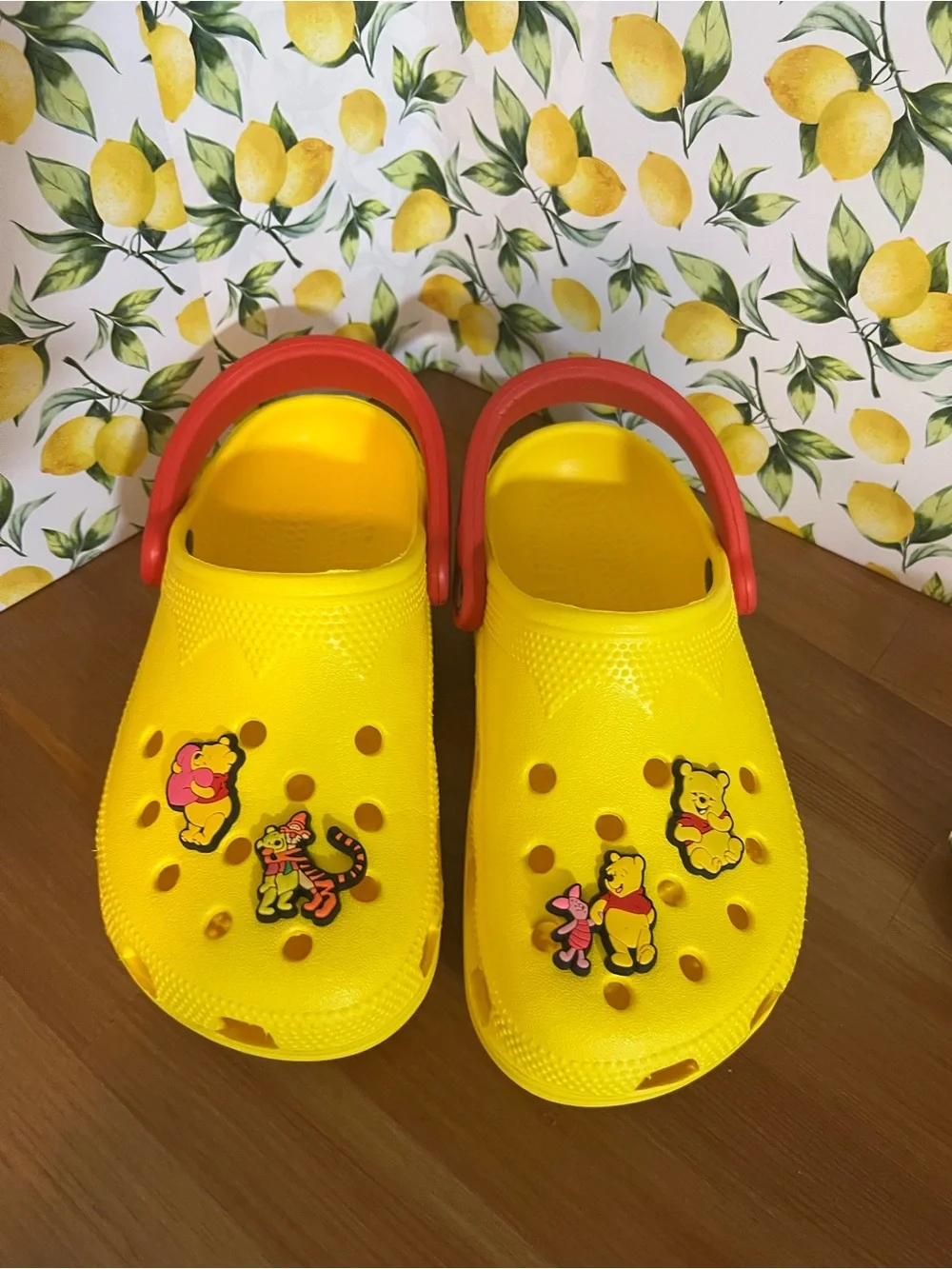 Kids Yellow Foam Clogs with Red Strap featuring Winnie the Pooh Characters